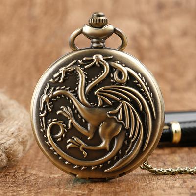 Bronze Retro Game of Thrones Home Theme Quartz Pocket Watch Family Crests Dragon Pattern Fob Watches Chain Necklace