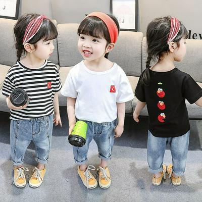 80-130cm Little Monster Print Pattern Children Girls Summer Stylish Cotton O-Neck Short Sleeves T-Shirt Children Wear