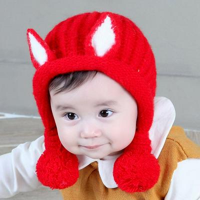 MZ6978 Long Ears with Hanging Two Hair Balls Kids Baby Winter Warm-Keeping Ear Protection Knitted Cap for Baby 0-12 Months