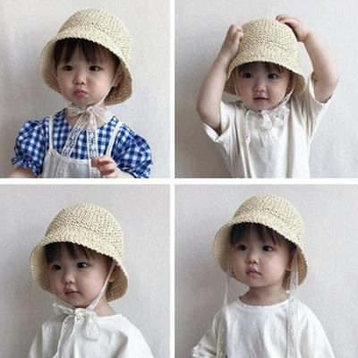 Baby's Handmade Windproof Straw Hat with High Crown and Lace Ribbon for Fastening