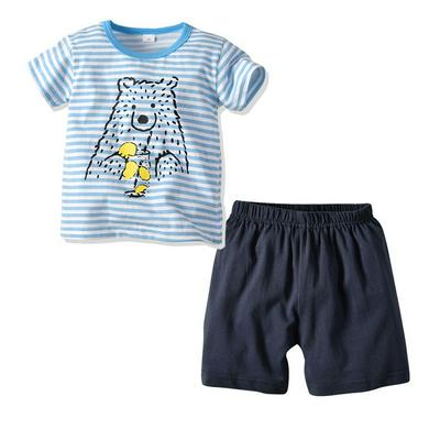 90-130cm Summer Children Boys Stripe Cartoon Bear Pattern Casual Cotton Short Sleeves O-Neck T-Shirt + Short Children Wear Two Pieces Set