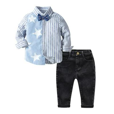 90-130cm Gentleman Style Children Baby Boys Cotton Linen Stripe Stitching Print Long Sleeves Button Shirt + Bow Tie + Jeans Children Wear Three Pieces Set