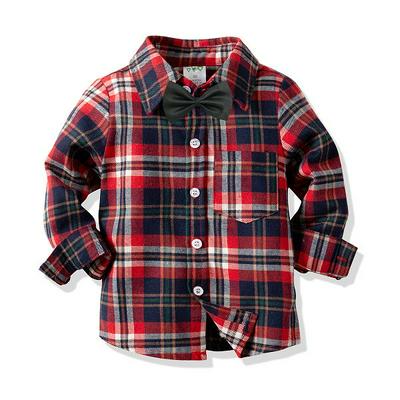 90-140cm Lattice Pattern Children Boys Spring Autumn Stylish Handsome Lapel Front Buttons Long Sleeves Bow Tie Sanding Shirt Children Wear