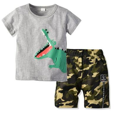 90-130cm Summer Children Boys Crocodile Pattern Cotton Short Sleeves O-Neck T-Shirt + Camouflage Woven Middle Pants Children Wear Two Pieces Set