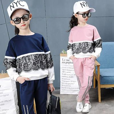 120-160cm Korean Autumn Winter Children Girls Lace Stitching Long Sleeve Shirt Top + Pant Two-Piece Clothing Sets