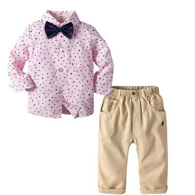 90-130cm Gentleman Style Children Baby Boys Pink Stars Print Long Sleeves Button Shirt + Bow Tie + Pants Children Wear Three Pieces Set