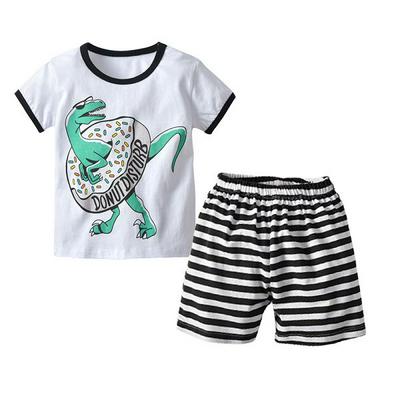 90-130cm Summer Children Boys Donuts Dinosaur Print Pattern Cotton Grey Short Sleeves O-Neck T-Shirt + Stripe Elastic Shorts Children Wear Two Pieces Set