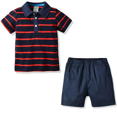 80-130cm Summer Children Boys Stripe Pattern Cotton Short Sleeves Lapel Button T-Shirt + Short Pants Children Wear Two Pieces Set