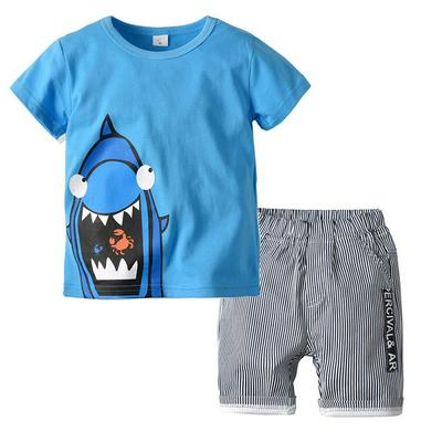 90-130cm Summer Children Boys Cartoon Sharp Print Pattern Cotton Short Sleeves O-Neck T-Shirt + Stripe Middle Pants Children Wear Two Pieces Set