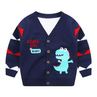 90-140cm Cartoon Dinosaur Pattern Children Boy Winter Autumn Warm Keeping Long Sleeves V-Neck Single-Breasted Knitted Cardigan Sweater Children Wear