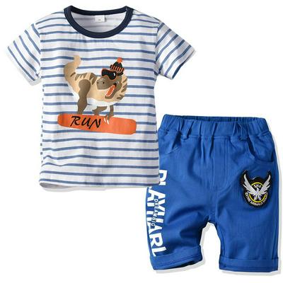 90-130cm Summer Children Boys Navy Blue Stripe Dinosaur Print Pattern Cotton Short Sleeves O-Neck T-Shirt + Woven Middle Pants Children Wear Two Pieces Set