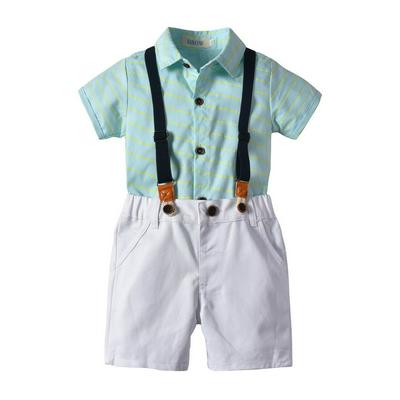 100-130cm Summer Gentleman Style Children Baby Boys Yellow Stripe Blue Short Sleeves Button Lapel T-Shirt + Sling Shorts Children Wear SetDescription:  Good in look and fashion; Comfortable and soft,very fits for home and outside; Made from the highest-qu