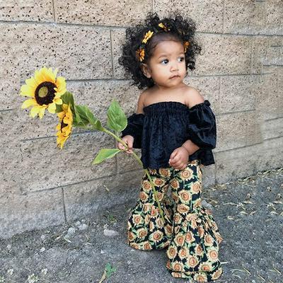 90-130cm 2pcs Toddler Kids Girls Off Shoulder Tank Tops + Sunflower Bell Bottom Trouser Outfits Children Summer Clothes 