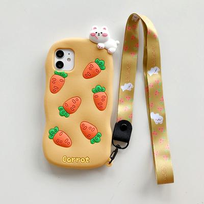 Cartoon Little Carrot Rabbit Pattern Anti-Scratch Shockproof Soft Silicone with Lanyard Back Cover Case for iPhone 12 (6.1)