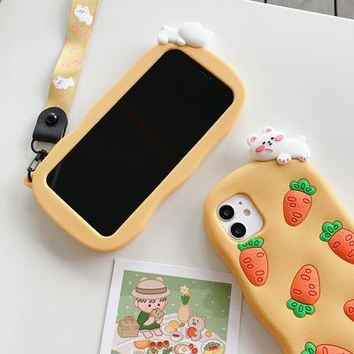 Cartoon Little Carrot Rabbit Pattern Anti-Scratch Shockproof Soft Silicone with Lanyard Back Cover Case for iPhone 12 (5.4)