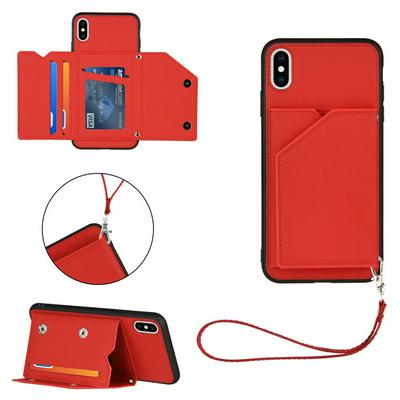 Skin Feel Card Slots Shockproof PU Leather Stand Wallet Phone Case with Hand Strap for iPhone Xs Max 6.5