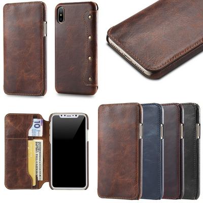 Card Holder Slots Wallet Style Solid Color oil Wax Cowhide Genuine Leather + PC Case for iPhone Xs Max 6.5