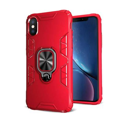 Honeycomb Texture Shockproof Scratch-Resistance PC+TPU Phone Protective Case with Metal Ring Kickstand for iPhone X / XS