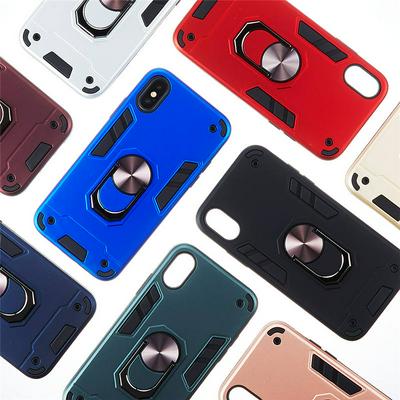 2 in 1 Shockproof Anti-Fingerprint Hard PC + Soft TPU with Ring Kickstand Back Cover Case for iPhone X / XS