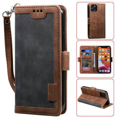 Retro Stitching Color Wrist Strap Style Side Flip Anti-Drop PU Leather + Soft TPU Picture Frame Card Slots with Magnetic Buckle and Stand Wallet Case for iPhone 12 Pro Max (6.7)