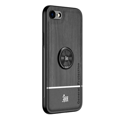 Ultra-thin Bionic Wood Grain Anti-fall Hard PC+ Soft Frame Back Cover Phone Case with Ring Buckle Bracket for iPhone 7 / 8