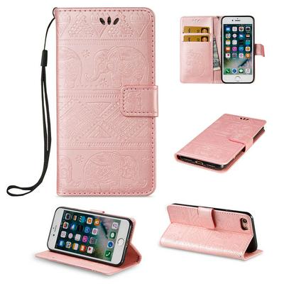 Elephant Embossed Pattern Side Flip PU Leather + Soft TPU Card Slots with Wrist Strap and Stand Wallet Protective Case for iPhone 7 / 8