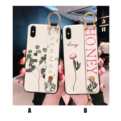 Leaves Flower Pattern with Wrist Strap and Stand Support Anti-Scratch TPU Back Cover Case for iPhone XR 6.1