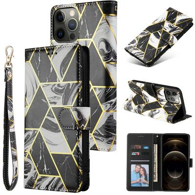 Bronzing Marble Stitching Geometric Patterns Shockproof and Scratchproof PU Leather+TPU Wallet Phone Case for iPhone 12 Pro Max(6.7)