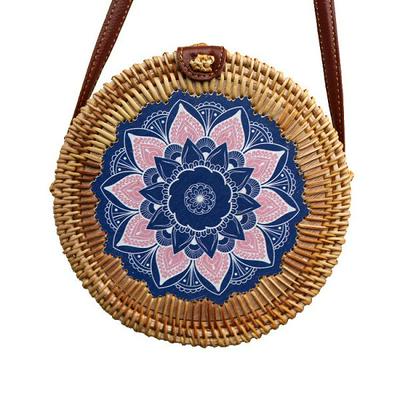 18x8cm Pink Blue Flower Pattern Vintage Literary Round Vietnamese Autumn Vine Hand-Woven Shoulder Leather Straps Casual Beach Cross Body Bags with Buckle for Female
