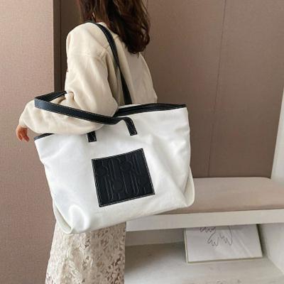 Korean Style Stitching Color Fashion Ladies Canvas Big Bag Handbag All-match Casual Commuter One-shoulder Tote Bag