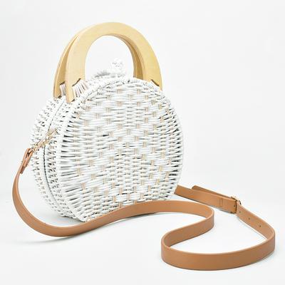 Semicircle Woman Fashion Wooden Handle Rattan Knit Camel White Straw Single Shoulder Cross Body Messenger Bag