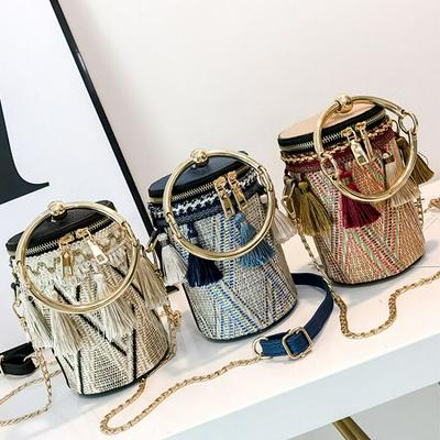 Chain Ring Handbag Shoulder Bag Straw Knitting Small Bag Tassel Bucket Bag