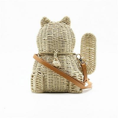 Handmade Crossbody Bag in the Shape of Luck Cat Rattan Handbag for Women