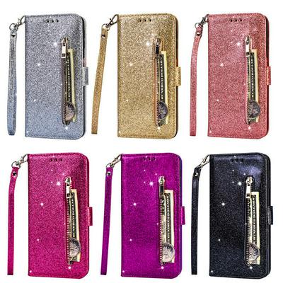 Glitter Powder Zipper Wallet PU Leather + Soft TPU Card Holder with Stand and Picture Frame Case for Huawei Mate 20 Lite / Maimang 7