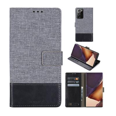 For Samsung Galaxy Note20 Ultra Splicing Canvas Pattern Scratch Resistant Flip Leather Case with Card Slots and Stand Function
