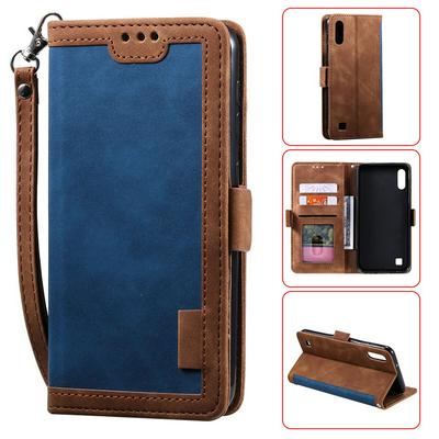 Retro Stitching Color Wrist Strap Style Side Flip Anti-Drop PU Leather + Soft TPU Picture Frame Card Slots with Magnetic Buckle and Stand Wallet Case for Samsung Galaxy A01