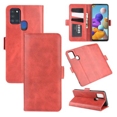 Retro Side Flip Shockproof Anti-Scratch PU Leather + Soft TPU Picture Frame Double Buckles with Stand and Card Slots Wallet Case for Samsung Galaxy A21s