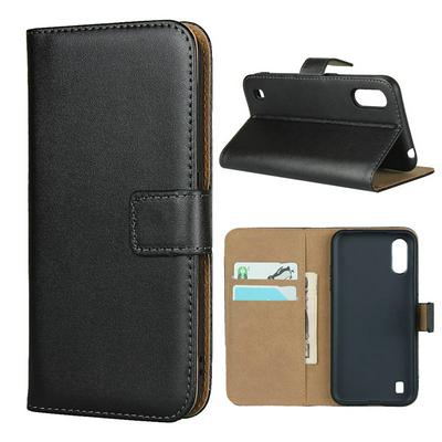 Plain Weave Shock-Absorption Side Flip Genuine Leather + Soft TPU Magnetic Buckle with Card Slots and Stand Wallet Case for Samsung Galaxy A01