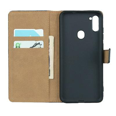 Plain Weave Shock-Absorption Side Flip Genuine Leather + Soft TPU Magnetic Buckle with Card Slots and Stand Wallet Case for Samsung Galaxy A11