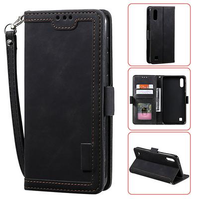 Retro Stitching Color Wrist Strap Style Side Flip Anti-Drop PU Leather + Soft TPU Picture Frame Card Slots with Magnetic Buckle and Stand Wallet Case for Samsung Galaxy A01