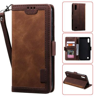 Retro Stitching Color Wrist Strap Style Side Flip Anti-Drop PU Leather + Soft TPU Picture Frame Card Slots with Magnetic Buckle and Stand Wallet Case for Samsung Galaxy A01