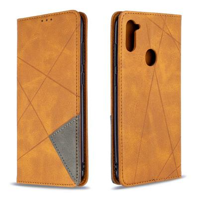 Rhombus Pattern Anti-Fall Side Flip PU Leather + Soft TPU Picture Frame Stand with Magnetic Closure and Card Slot Wallet Case for Samsung Galaxy A11