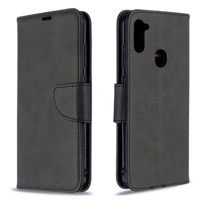 Solid Color Sheep Pattern Wrist Strap Style Shock-Absorption Side Flip PU Leather + Soft TPU Card Slots with Magnetic Buckle and Stand Wallet Case for Samsung Galaxy A11