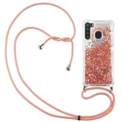 Quicksand Air Cushion Shockproof Anti-Fingerprint Soft TPU with Lanyard Neck Strap Rope and Card Slot Back Cover Case for Samsung Galaxy A21