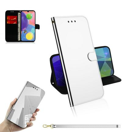 Mirror Surface Imitation Wrist Strap Style Shockproof Side Flip PU Leather + Soft TPU Card Slots with Magnetic Buckle and Stand Wallet Case for Samsung Galaxy A70s
