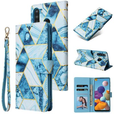 Bronzing Marble Stitching Geometric Patterns Shockproof and Scratchproof PU Leather+TPU Wallet Phone Case for Samsung Galaxy A21