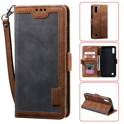 Retro Stitching Color Wrist Strap Style Side Flip Anti-Drop PU Leather + Soft TPU Picture Frame Card Slots with Magnetic Buckle and Stand Wallet Case for Samsung Galaxy A01