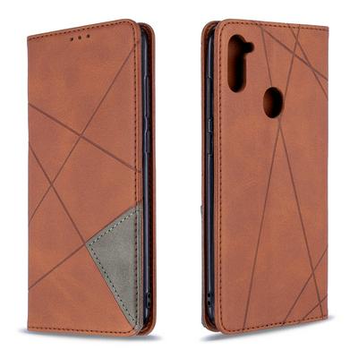 Rhombus Pattern Anti-Fall Side Flip PU Leather + Soft TPU Picture Frame Stand with Magnetic Closure and Card Slot Wallet Case for Samsung Galaxy A11