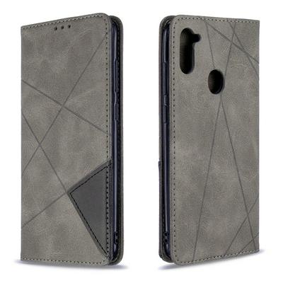 Rhombus Pattern Anti-Fall Side Flip PU Leather + Soft TPU Picture Frame Stand with Magnetic Closure and Card Slot Wallet Case for Samsung Galaxy A11