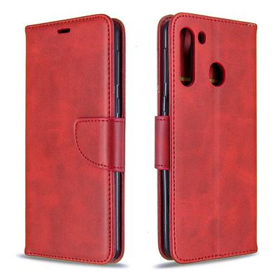 Solid Color Lambskin Wrist Strap Side Flip Shockproof PU Leather + Soft TPU Card Slots with Magnetic Buckle and Stand Wallet Case for Samsung Galaxy A21